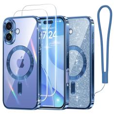 Meifigno Capa projetada para iPhone 16 de 6,1 polegadas, [compatível com MagSafe] [2x protetores de tela] [cartão de glitter e alça de pulso] Proteção de lente surround projetada para iPhone 16