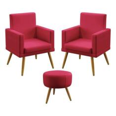 Kit 2 Poltronas Vega e Puff Solar Com Rodapé Sued Vermelho Aradecor
