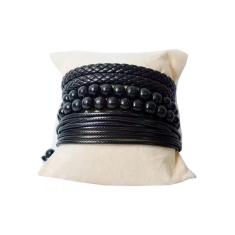 Pulseira Masc Fem Couro Madeira Corda Preta Kit 4 Peças