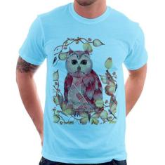 Camiseta Coruja e Folhas - Foca na Moda, Azul bebê, P
