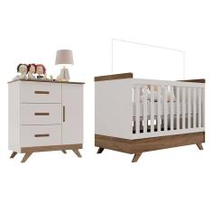 Berço Americano Vitória e Cômoda Infantil Retrô Maya Off White Carvalho – Carolina