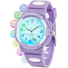 DTKID Relógio infantil com 7 luzes coloridas para meninos e meninas, relógios analógicos à prova d'água de 30 m, pulseira de borracha macia, mostrador fácil de ler, aulas de tempo, relógio de pulso