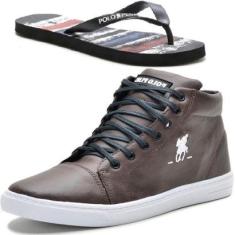 Kit Tênis Casual Com Sola Reta Cadarço Mais Chinelo básico Masculino Confortável-Masculino