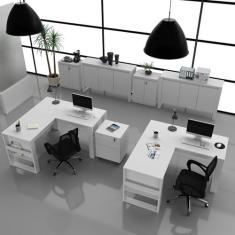 Kit 7 Peças 2 Mesas L com 1 Gaveteiro 2 Balcões e 2 Balcões 3 Portas Espresso Móveis Branco