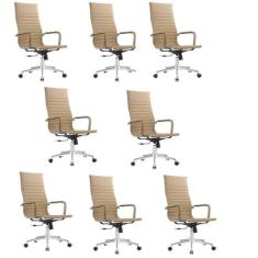 Kit 8 Cadeiras Esteirinha Presidente Giratória Estofada com Rodízios Bege