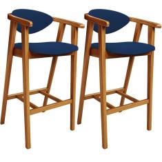Kit 02 Banquetas Alta Cozinha Bancada Bar Sala De Jantar Fixa Cecília L02 Suede Azul Marinho