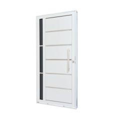 Porta de Aço Lambri 215x100cm com Friso e Puxador Inox Vidro Lateral Fumê Batente 12cm Qualitysol Ramassol