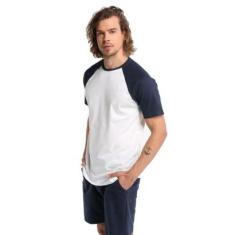 Camiseta Masculina Raglan Branco com Azul Marinho-Masculino