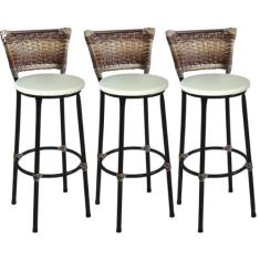 Kit 3 Banquetas Médias Preta com Encosto Junco Capuccino Assento Branc