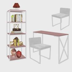 Kit Escritório Bex 2 Cadeiras Suede Branco com 1 Mesa e 1 Livreiro Ferro Branco mdf Rose Rosa - Ahazzo Móveis