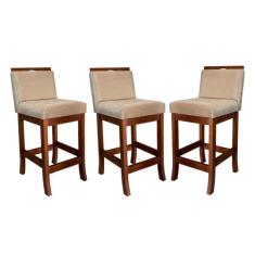 Kit 3 Banquetas Turim Assento 60 Cm Madeira Castanho Suede - CCS Inter