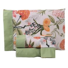 Jogo Cama Lençol Encanto Queen Estampado Percal 180 Fios C/ Ponto Palito 4 Peças - Floral - Verde