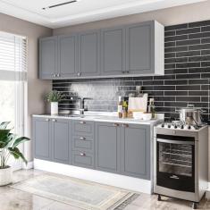 Cozinha Pérola com Rodapé 4 Peças Aéreos com 5 Portas, Balcão 2 Gavetas 3 Portas e Balcão 2 Portas Y Branco/Cinza