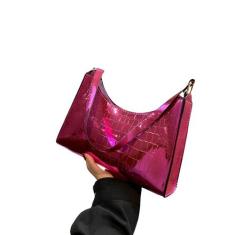 Bolsa Metálica Sintética Crocodilo PU Pequena de Ombro/Mão - Bag, Rosa
