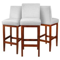 Kit 3 Banqueta Alta Estofada Cozinha Bistrô Tecido Linho Madeira Maciç