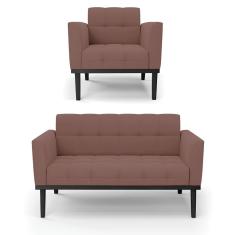 Sofá Namoradeira E Poltrona Base De Madeira Preto Elisa Veludo D03 - D'rossi Cor Rose