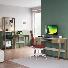 Conjunto Escritório Home Office Primazzia 03 Peças Escrivaninhas Com Estante Carvalho Mel-off White