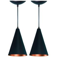 Kit 2 Lustres Pendente Cone em Alumínio  Preto Fosco e Cobre