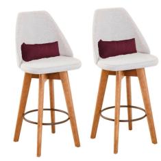 Kit 02 Banquetas Alta Maya Giratória Com Encosto Linho Bege Claro e Almofada Sintético Bordô - Aurora Line