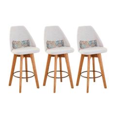 Kit 03 Banquetas Alta Maya Giratória Com Encosto Linho Bege Claro e Almofada Folhas - Aurora Line