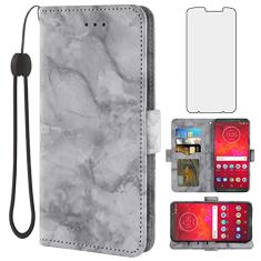 Asuwish Compatível com Moto Z3 / Z3 Play capa e protetor de tela de vidro temperado, acessórios, compartimento para cartão, suporte híbrido, flip mármore, carteira, capas de telefone para MotoZ3 Z 3