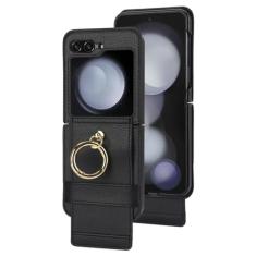 Capa de telefone anelar para Samsung Galaxy Z Flip 6 5 4 3 Flip6 Flip5 Flip4 Flip3 5G com porta-cartão bolsa cordão capa de couro, preta, para Galaxy Z Flip3