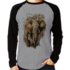 Camiseta Raglan Elefante Watercolor Manga Longa - Foca na Moda, Cinza,