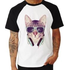 Camiseta Raglan Gato Headphone - Foca na Moda, Branco, Preto, GG