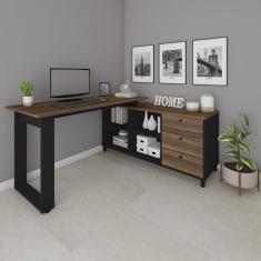Escrivaninha Para Escritório Em L 3 Gavetas 4 Nichos Home Office Artany Ipê/preto