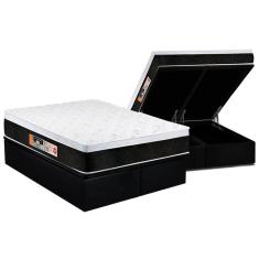 Cama Box Baú Queen: Colchão Espuma D45 Castor Black E White Air Euro Pillow + Base Black(158X198)