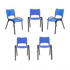 Kit 5 Cadeiras Iso Para Escola Escritório Comércio Azul Base Preta