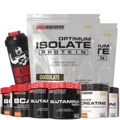 Kit 2x Whey Optimum Isolate Chocolate 900g + 2x BCAA 100g + 2x Creatina 100g + 2x Glutamina 300g + Coqueteleira - Bodybuilders