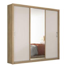 Guarda Roupa Casal Residence 3 Portas de Correr 2 Gavetas MDP Espelho Amêndola Off White Demóbile