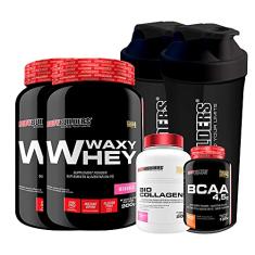 Kit 2x Whey Protein Waxy Whey 900g + Bio Colagen II 200g + BCAA 100g + 2x Coqueteleira - Bodybuilders Sabor Morango
