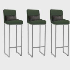 Kit 03 Banqueta Alta com Encosto Lucca Industrial Cozinha Balcão Ferro Cinza Suede Verde e Almofada Cinza - Ahazzo Móveis