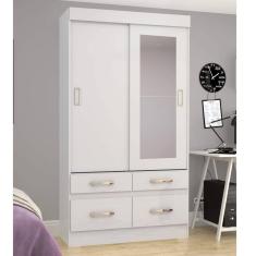 Guarda-Roupa Solteiro com Espelho 2 Portas Malu Espresso Móveis Branco/Rosa