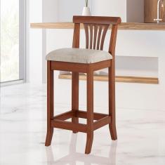 Banqueta Média Estofada Encosto Valentina 36x90Cm Bancada Balcão Madeira Maciça Linho Bege M58 - RMI