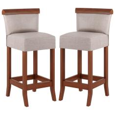 Kit 2 Banquetas Média Estofada Encosto Diamantina 36x90Cm Balcão Madeira Maciça Linho Bege M58 - RMI