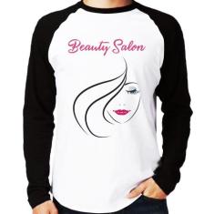 Camiseta Raglan Beauty Salon Manga Longa - Foca na Moda, Branco, Preto