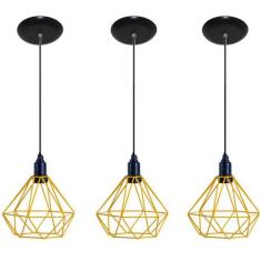 Kit com 03 Luminarias Pendente Aramado Modelo Diamante Amarelo  ideal 