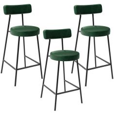 Kit 3 Banquetas Baixa Milão L02 Moderno Aço Carbono Assento Estofado Verde musgo Lyam Decor