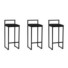 Kit 3 Banquetas Altas Industriais Em Aço Dori Preto Assento Suede Preto - Cor: Preto