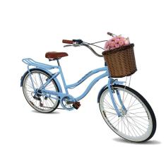 Bicicleta feminina aro 26 cesta tpo vime retrô 6v azulbbclar