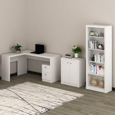 Conjunto Home Office 3 Peças 1 Escrivaninha em L 1 Estante e 1 Balcão 2 Portas Tecno Mobili Branco