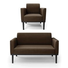 Sofá Namoradeira Com Poltrona Base De Madeira Fixa Preto Marisa Suede Marrom D03 - D`Rossi