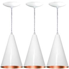 Kit 03 Pendentes Cone Em Alumínio - Branco E Cobre - Estillo & luz, Bi