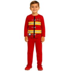 Conjunto Infantil Manga Longa Pijama Fantasia Bombeiro Camiseta e Calç