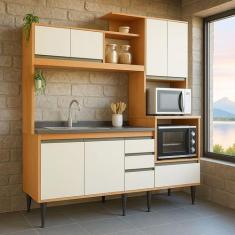 Cozinha Compacta 8 Portas 2 Gavetas com Nicho Freijó e Off White Alice