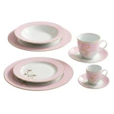Aparelho de Jantar 42 Peças Porcelana Bordas Rosa Fio Dourado Dynasty