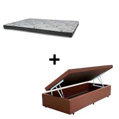 Cama Baú Solteiro 88 Tecido Sintético Marrom Com Colchão Miller Bello Box - 100% Espuma - D33 Cinza 54x88x188